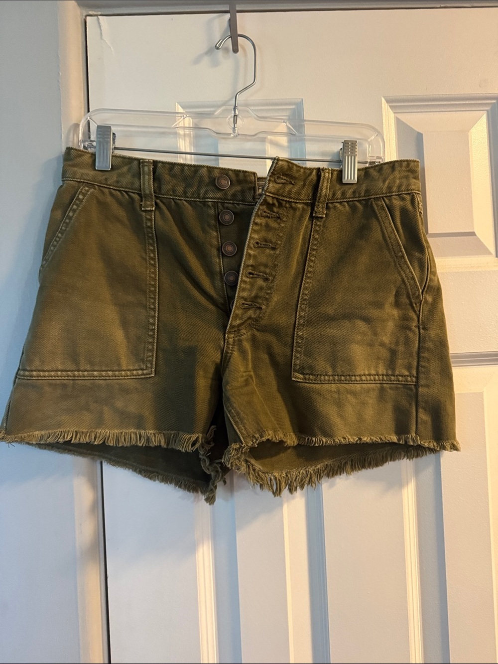 Free People Olive Green High-Rise Button-Front Frayed Hem Jean Shorts